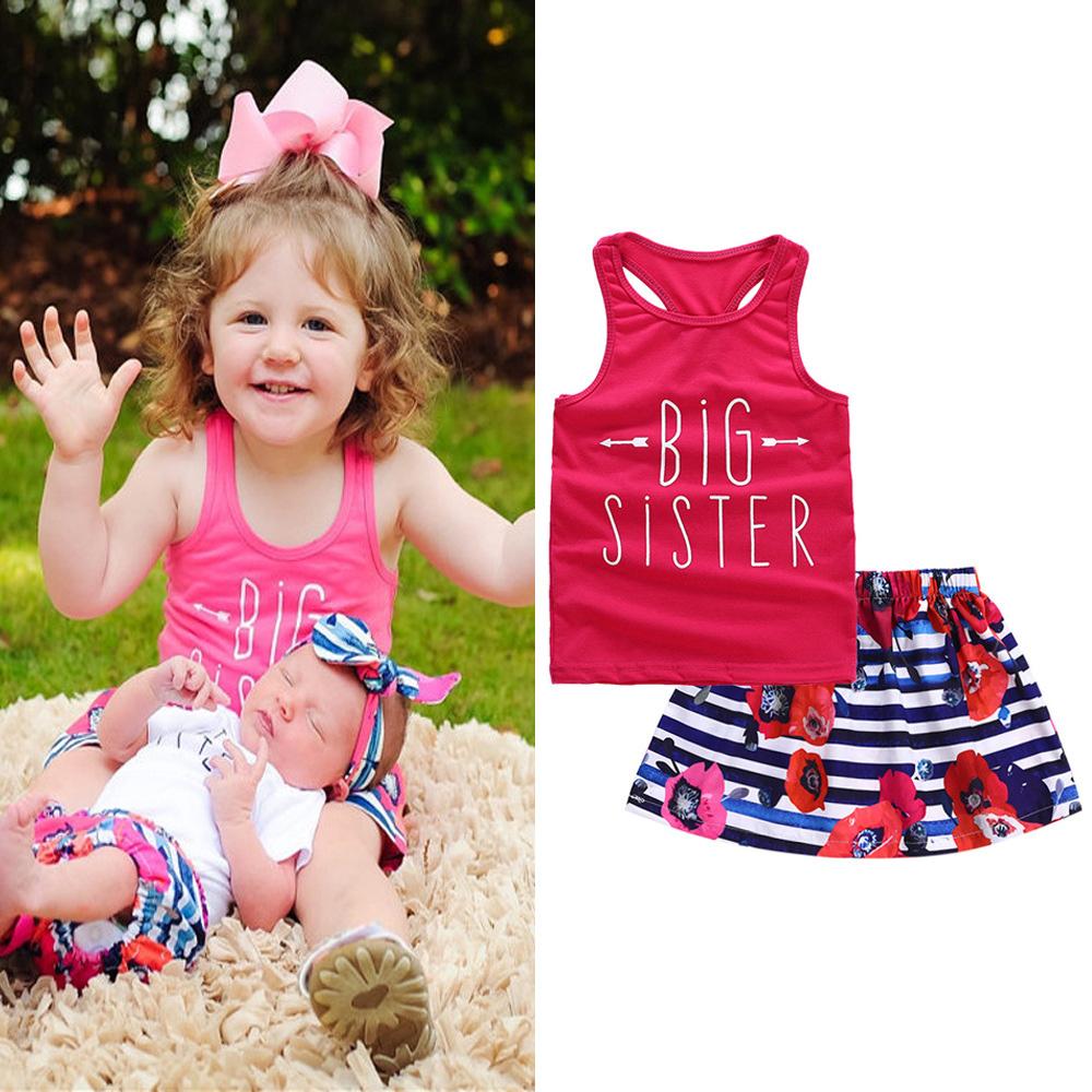 Girls Sleeveless Big Sister Printed Top & Skirts Wholesale Little Girls clothing - PrettyKid
