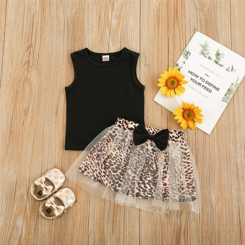 Toddler Girls Sleeveless Crew Neck Top & Leopard Mesh Skirt bulk baby girl clothes - PrettyKid