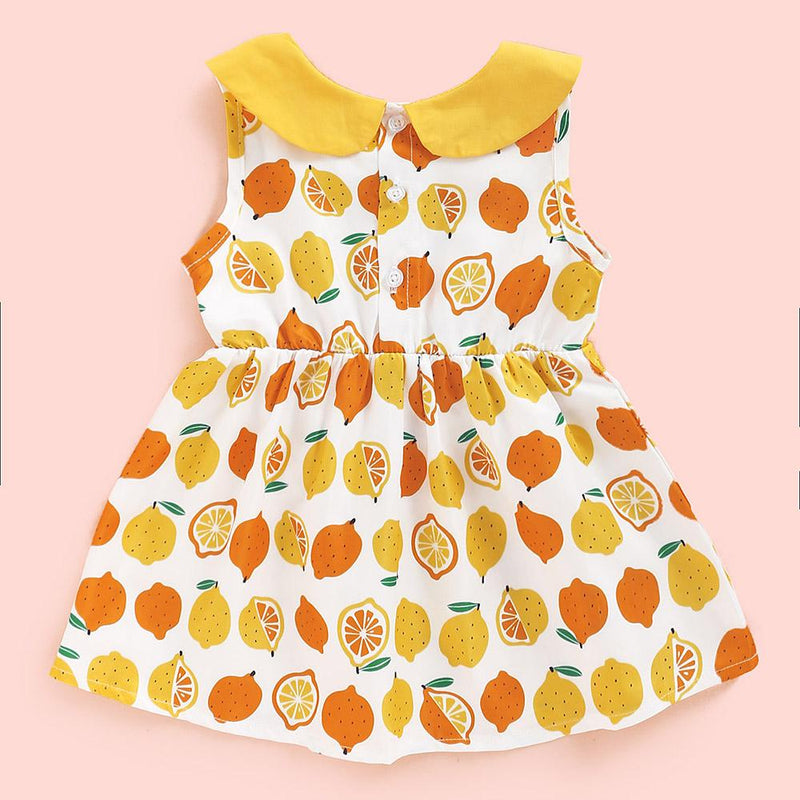 Baby Girls Sleeveless Doll Collar Lemon Printed Summer Dress Baby Summer clothing - PrettyKid