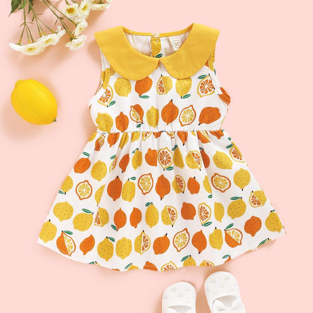 Baby Girls Sleeveless Doll Collar Lemon Printed Summer Dress Baby Summer clothing - PrettyKid