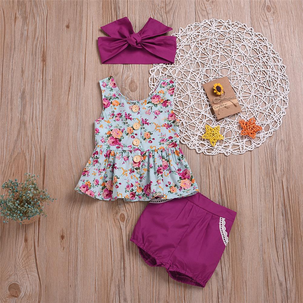 Baby Girls Sleeveless Floral Button Top & Solid Shorts & Headband Boutique Baby Clothes Wholesale - PrettyKid