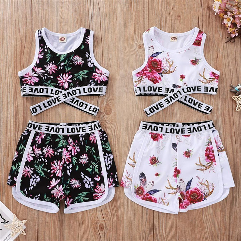 Girls Sleeveless Floral Printed Letter Love Tracksuit Wholesale clothes For Children - PrettyKid