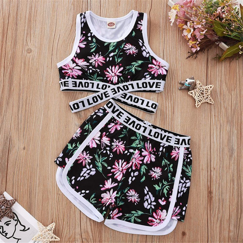 Girls Sleeveless Floral Printed Letter Love Tracksuit Wholesale clothes For Children - PrettyKid