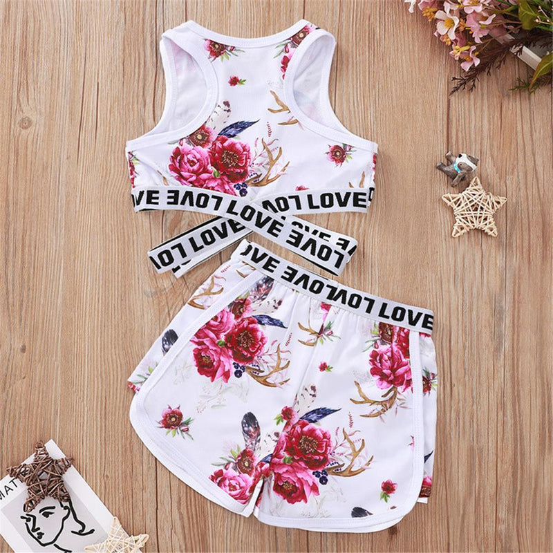 Girls Sleeveless Floral Printed Letter Love Tracksuit Wholesale clothes For Children - PrettyKid