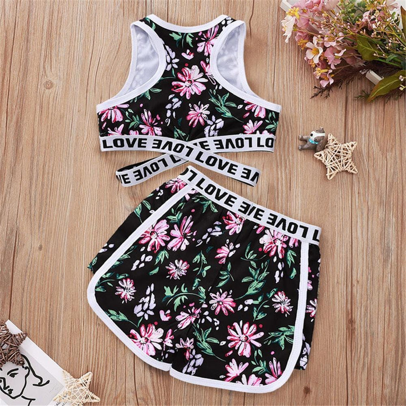 Girls Sleeveless Floral Printed Letter Love Tracksuit Wholesale clothes For Children - PrettyKid