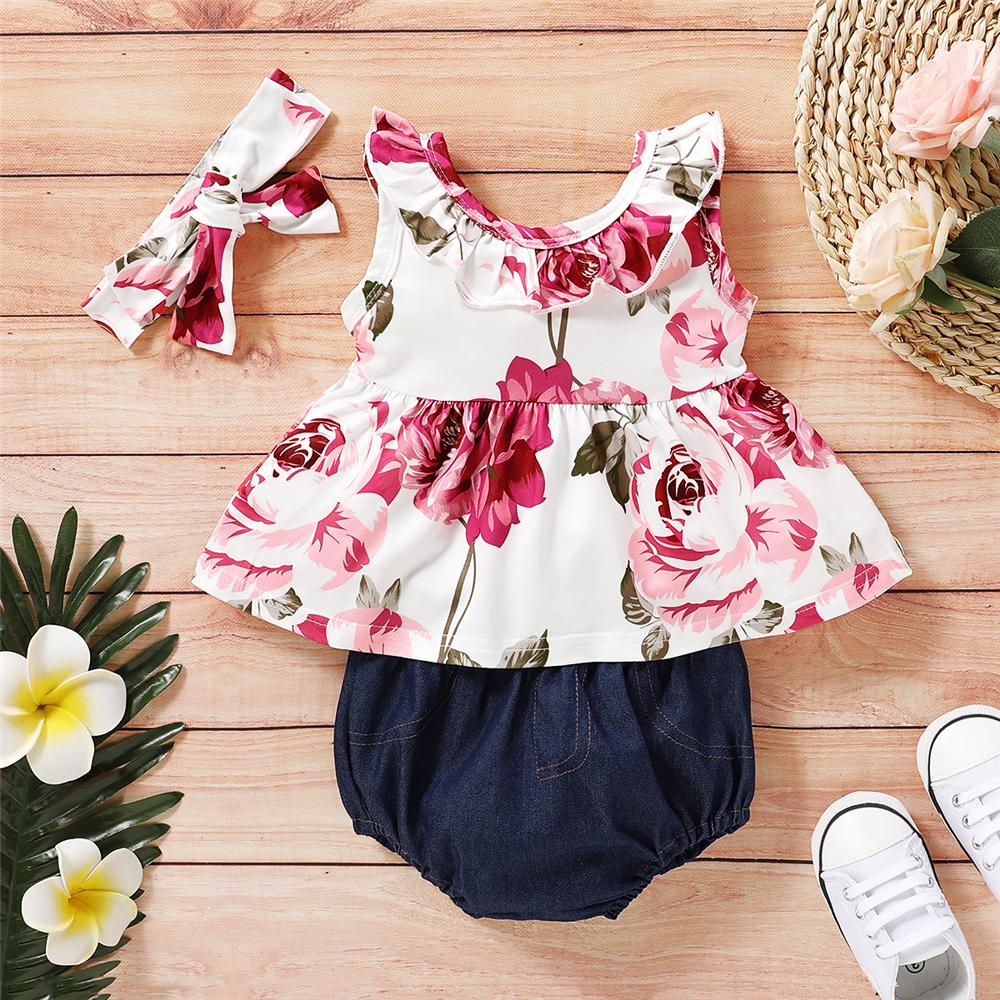 Baby Girls Sleeveless Floral Printed Top & Solid Shorts & Headband Baby Clothes Warehouse - PrettyKid