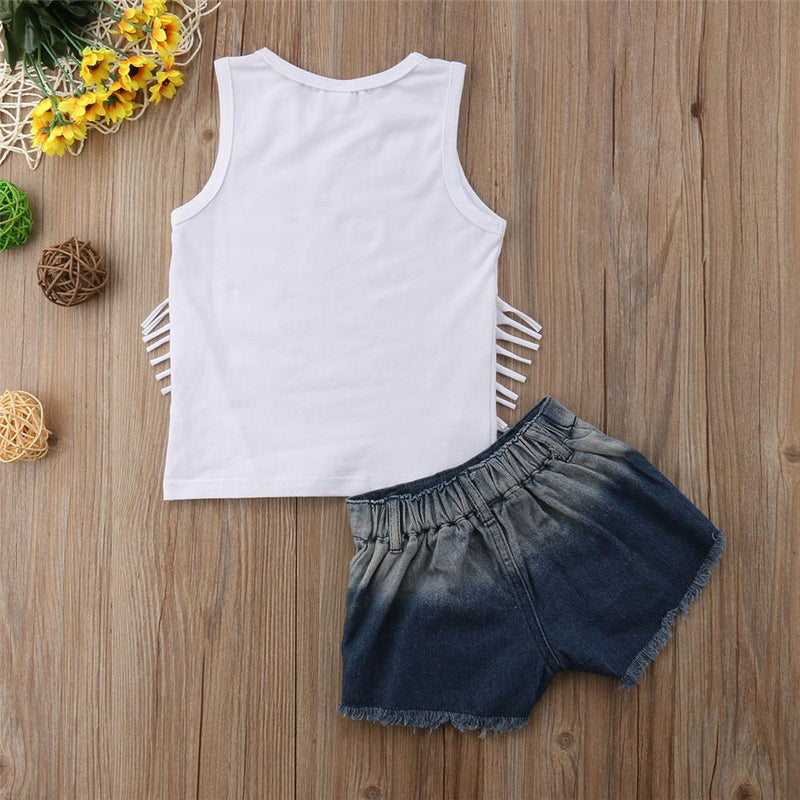 Girls Sleeveless Heart Printed Tassel Top & Denim Shorts Wholesale Girl Clothing - PrettyKid