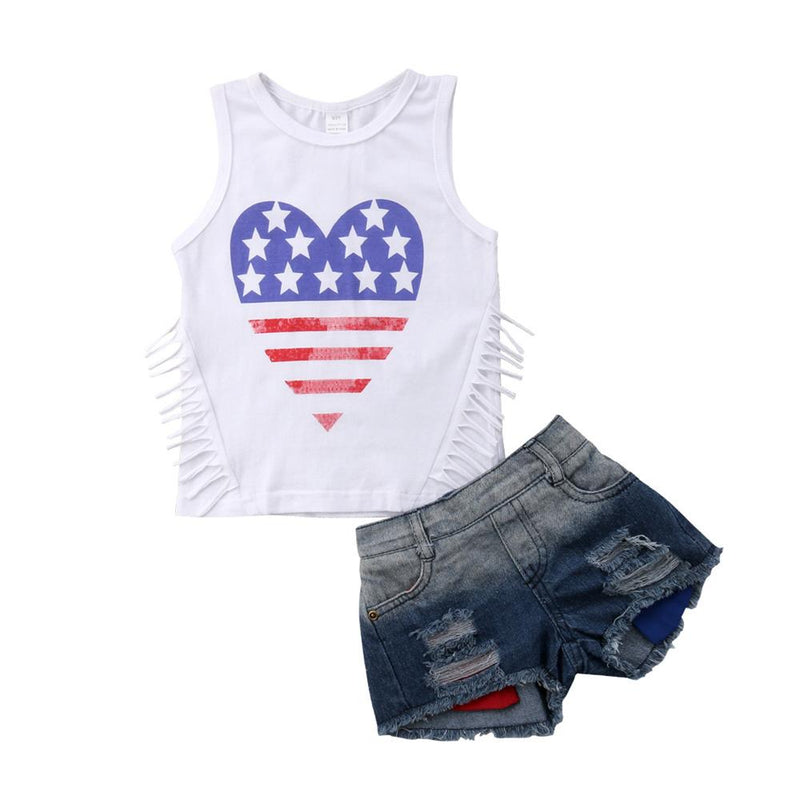 Girls Sleeveless Heart Printed Tassel Top & Denim Shorts Wholesale Girl Clothing - PrettyKid
