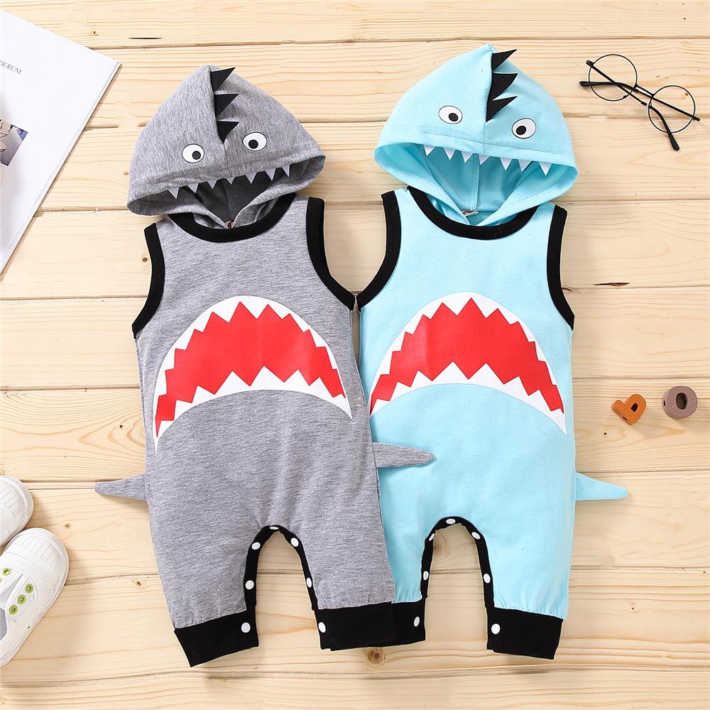 Baby Boys Sleeveless Hooded Shark Printed Romper Baby Clothing In Bulk - PrettyKid