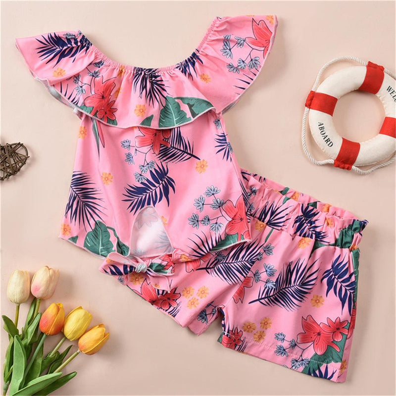 Toddler Girls Sleeveless Leaf Printed Top & Shorts Toddler children's party dress wholesale - PrettyKid