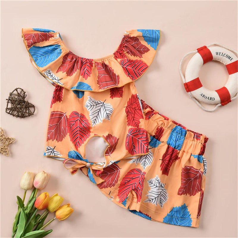 Toddler Girls Sleeveless Leaf Printed Top & Shorts Toddler children's party dress wholesale - PrettyKid