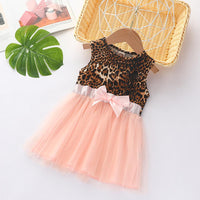 Baby Girls Sleeveless Leopard Bow Mesh Splicing Dress Wholesale Baby Dresses - PrettyKid