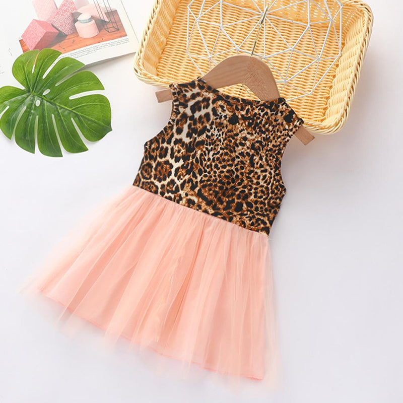 Baby Girls Sleeveless Leopard Bow Mesh Splicing Dress Wholesale Baby Dresses - PrettyKid