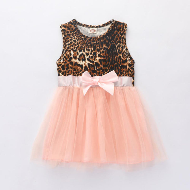 Baby Girls Sleeveless Leopard Bow Mesh Splicing Dress Wholesale Baby Dresses - PrettyKid