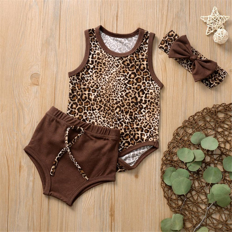 Baby Girls Sleeveless Leopard Printed Romper & Shorts & Headband Baby Wholesale clothes - PrettyKid