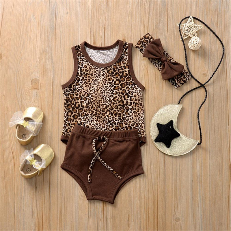 Baby Girls Sleeveless Leopard Printed Romper & Shorts & Headband Baby Wholesale clothes - PrettyKid