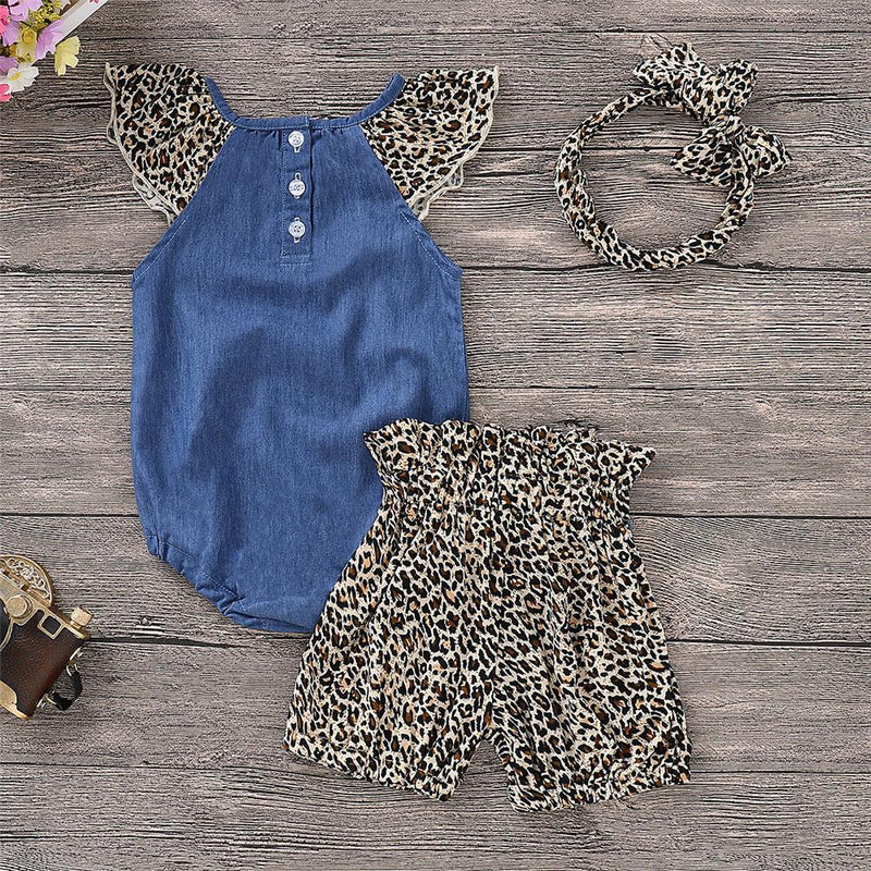 Girls Sleeveless Leopard Printed Romper & Shorts & Headband Toddler Girls Wholesale - PrettyKid