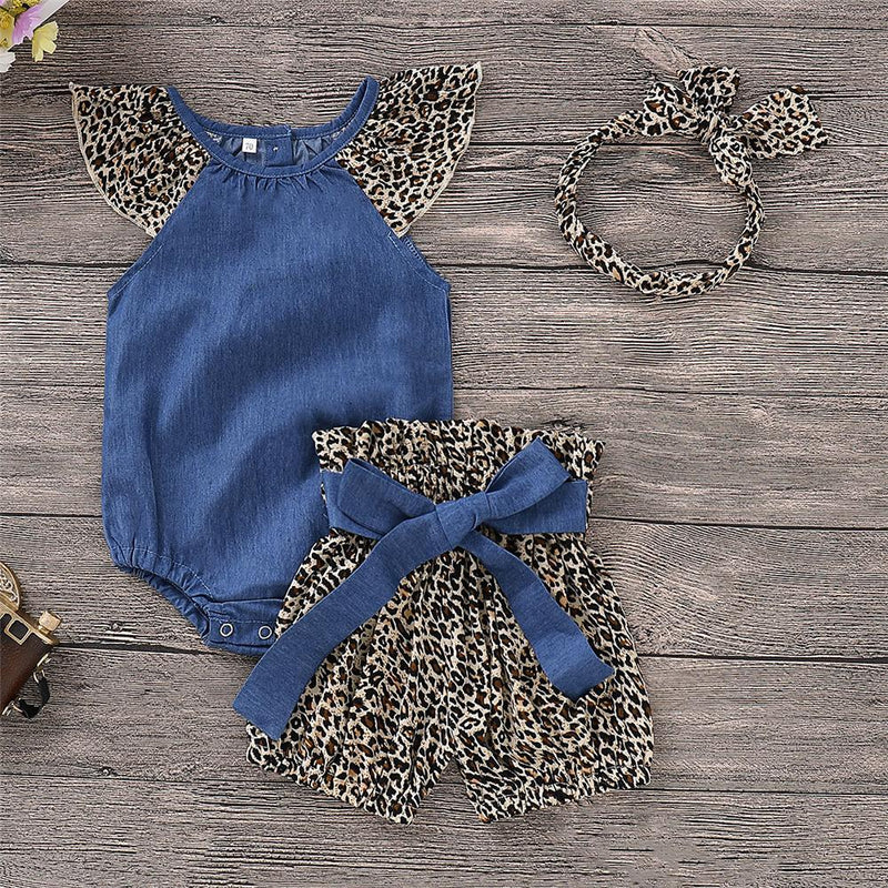 Girls Sleeveless Leopard Printed Romper & Shorts & Headband Toddler Girls Wholesale - PrettyKid