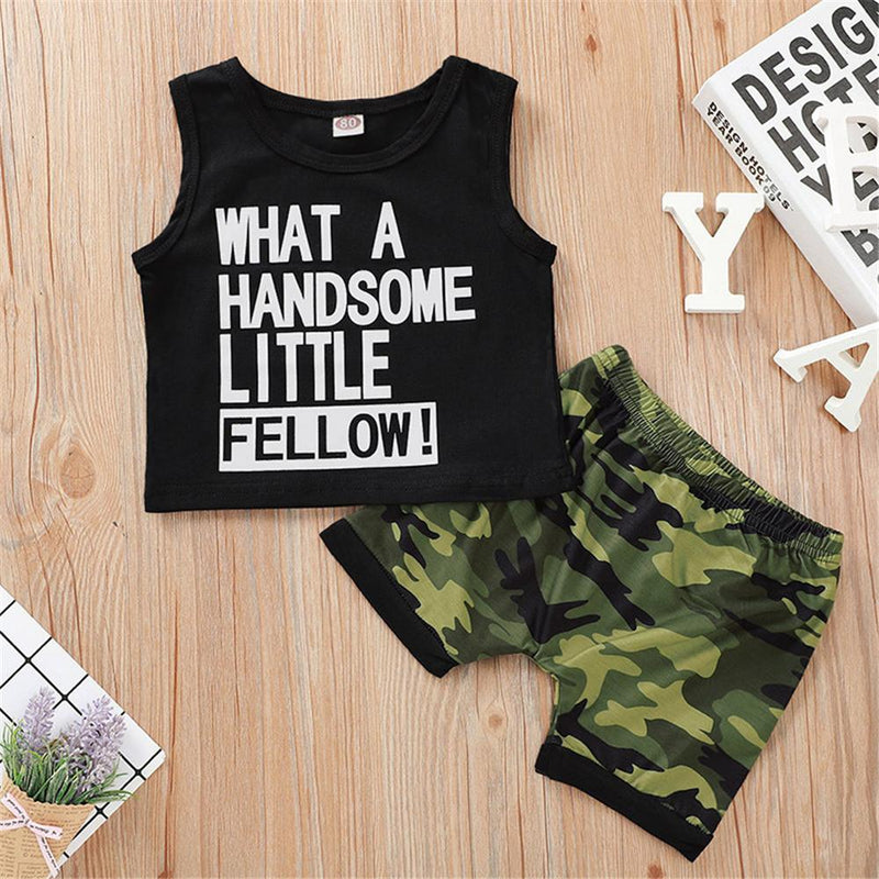 Baby Boys Sleeveless Letter Print Top & Camo Shorts Boys Summer Outfits - PrettyKid