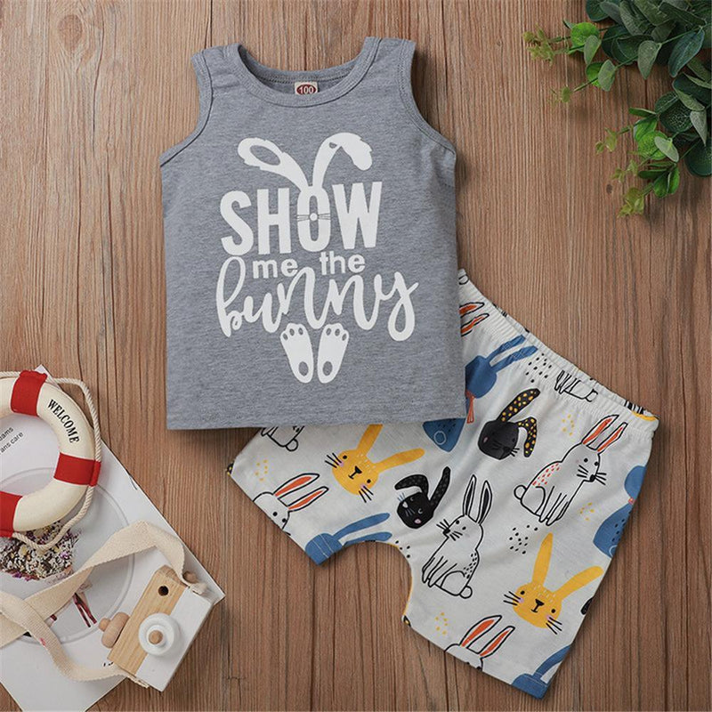 Boys Sleeveless Letter Printed Top & Rabbit Printed Shorts Boy clothing Wholesale - PrettyKid
