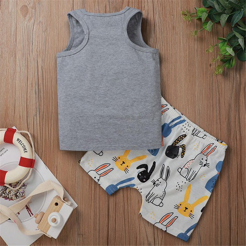 Boys Sleeveless Letter Printed Top & Rabbit Printed Shorts Boy clothing Wholesale - PrettyKid