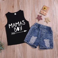 Boys Sleeveless Mamas Boy Letter Printed Top & Denim Shorts Boys Casual Suits - PrettyKid
