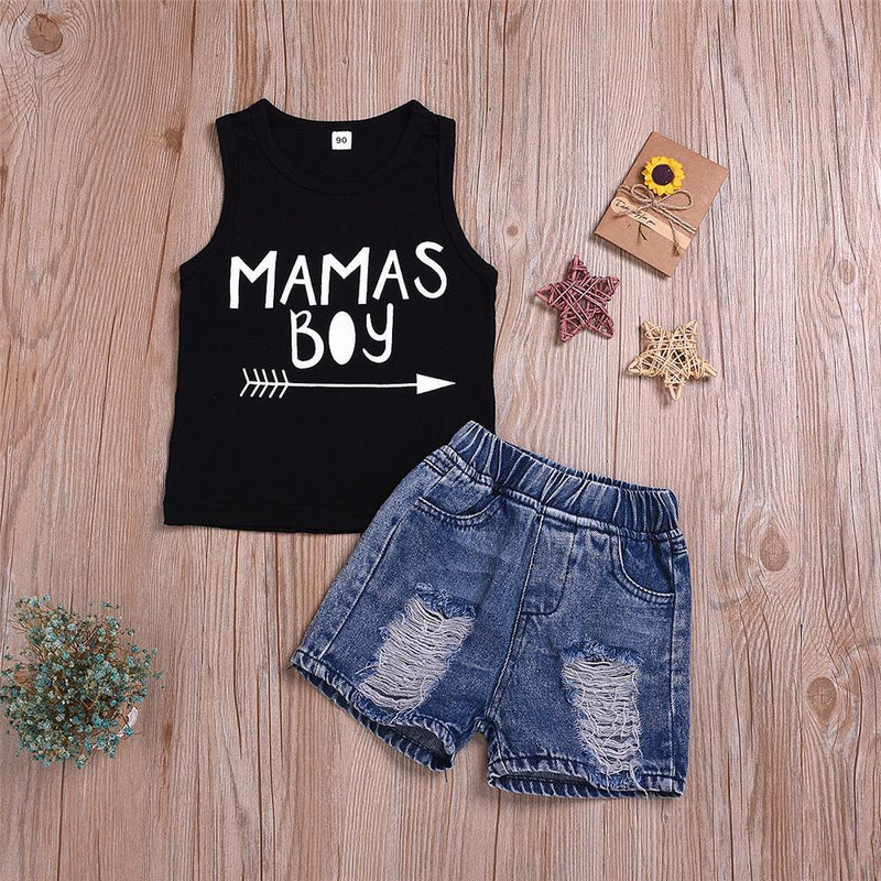 Boys Sleeveless Mamas Boy Letter Printed Top & Denim Shorts Boys Casual Suits - PrettyKid