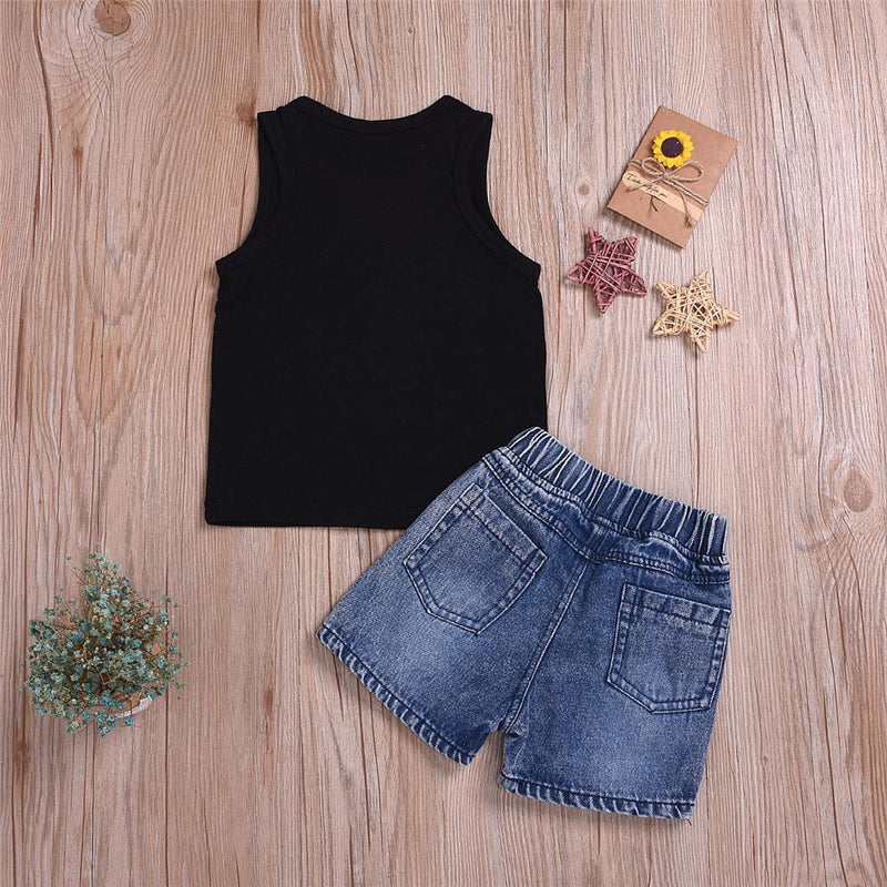 Boys Sleeveless Mamas Boy Letter Printed Top & Denim Shorts Boys Casual Suits - PrettyKid