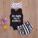 Baby Girls Sleeveless My Mom Are My Girls Printed Romper & Striped Shorts & Headband Baby Wholesales - PrettyKid