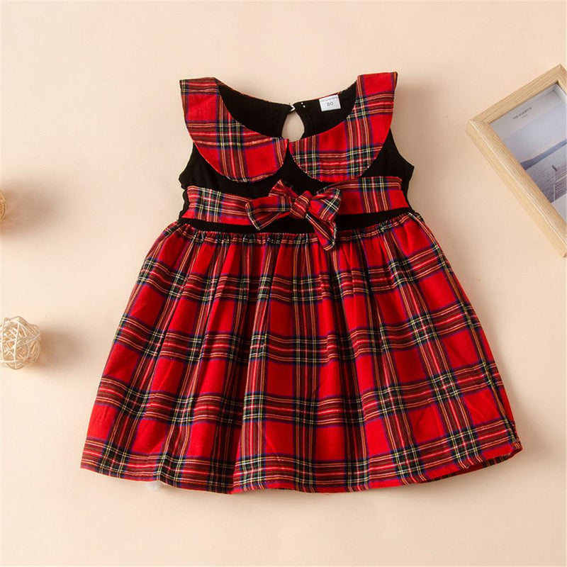 Baby Girls Sleeveless Plaid Splicing Bow Decor Dress Baby Boutique clothes Wholesale - PrettyKid