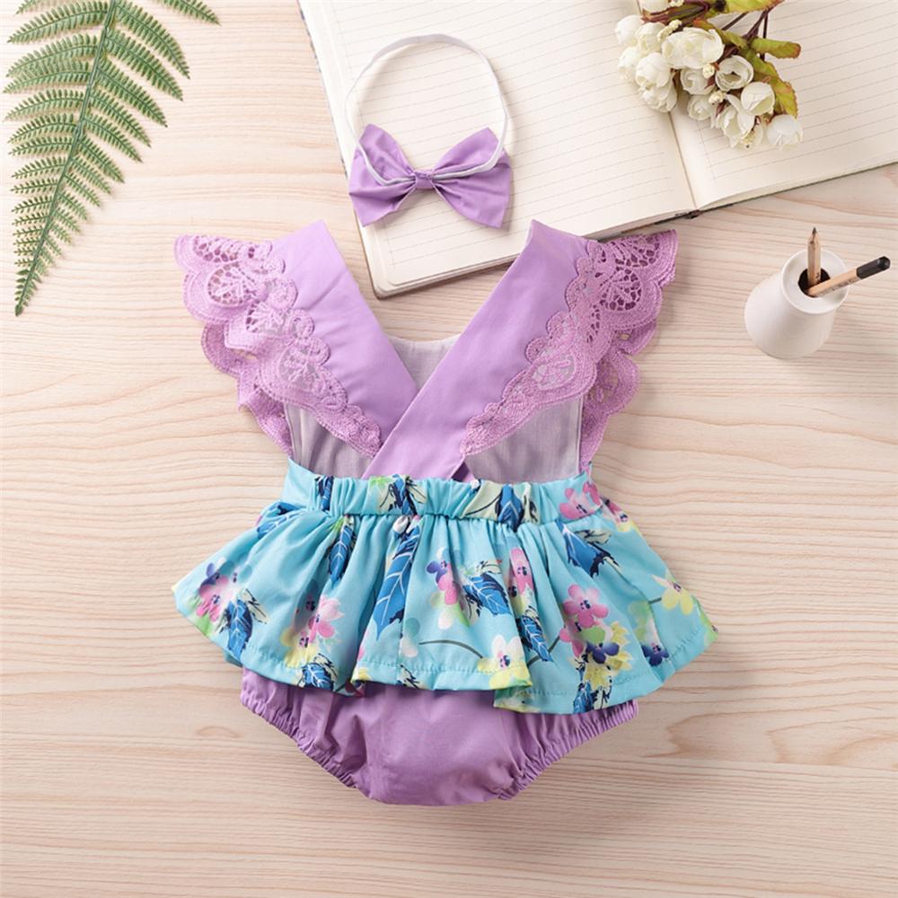 Baby Girls Sleeveless Plant Printed Summer Romper & Headband Cheap Baby Clothes In Bulk - PrettyKid