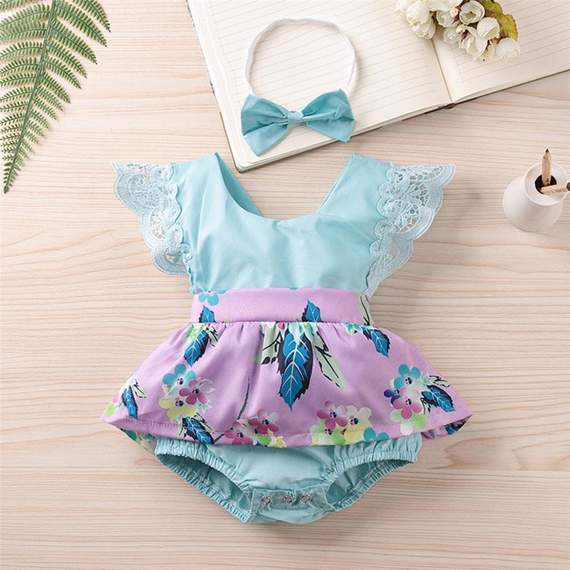 Baby Girls Sleeveless Plant Printed Summer Romper & Headband Cheap Baby Clothes In Bulk - PrettyKid