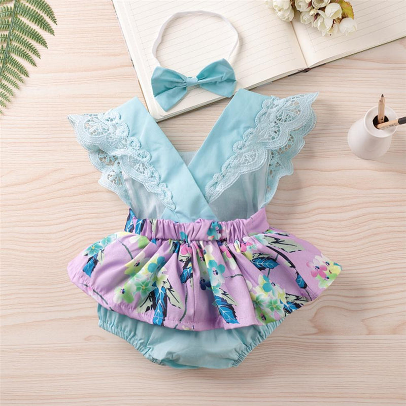 Baby Girls Sleeveless Plant Printed Summer Romper & Headband Cheap Baby Clothes In Bulk - PrettyKid