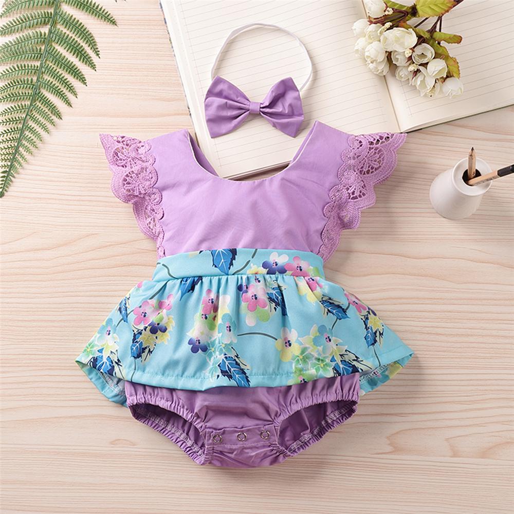 Baby Girls Sleeveless Plant Printed Summer Romper & Headband Cheap Baby Clothes In Bulk - PrettyKid