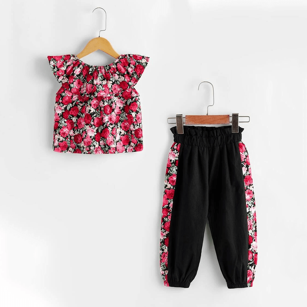 Girls Sleeveless Rose Flower Printed Lotus Leaf Collar Top & Pants Wholesale Girl clothes - PrettyKid