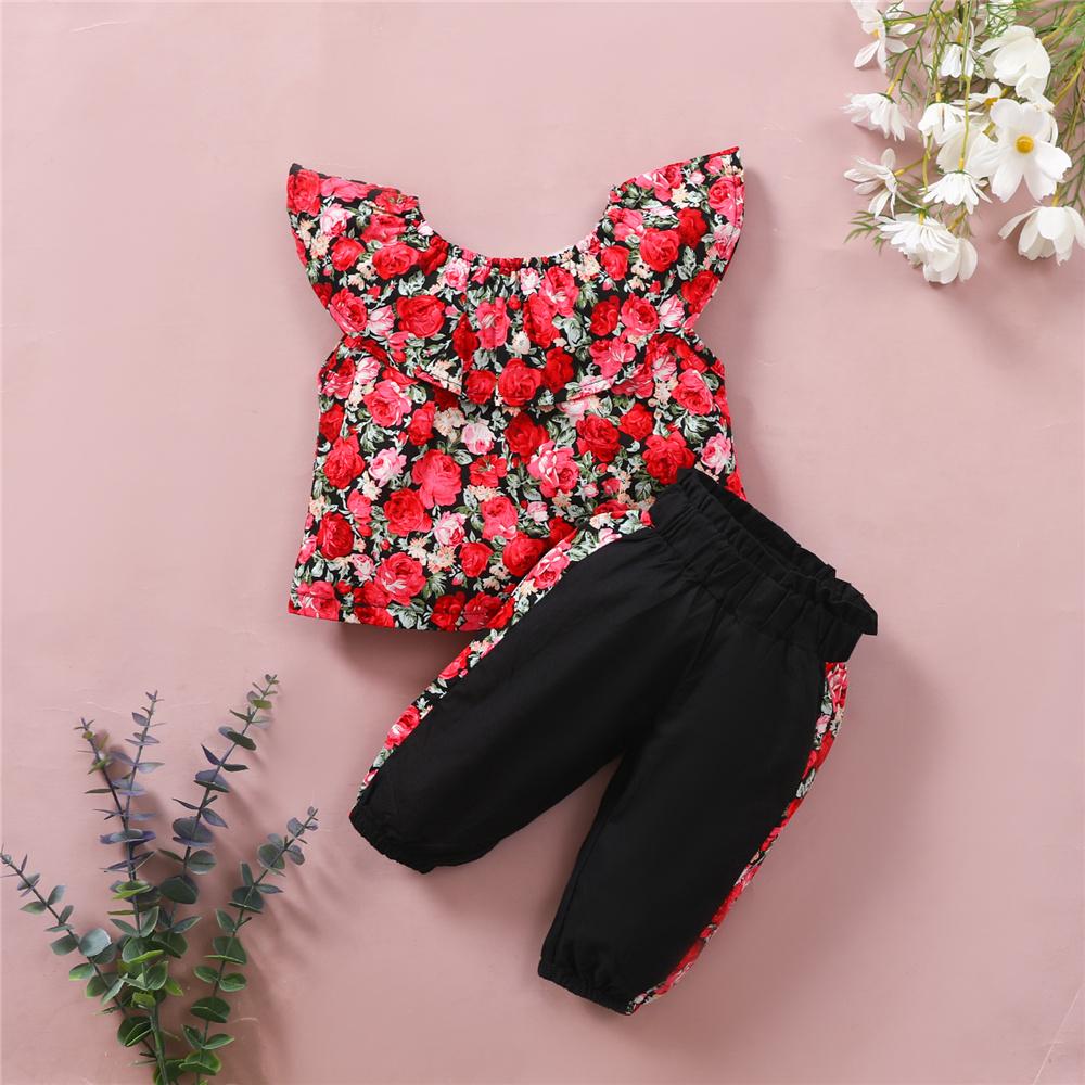 Girls Sleeveless Rose Flower Printed Lotus Leaf Collar Top & Pants Wholesale Girl clothes - PrettyKid