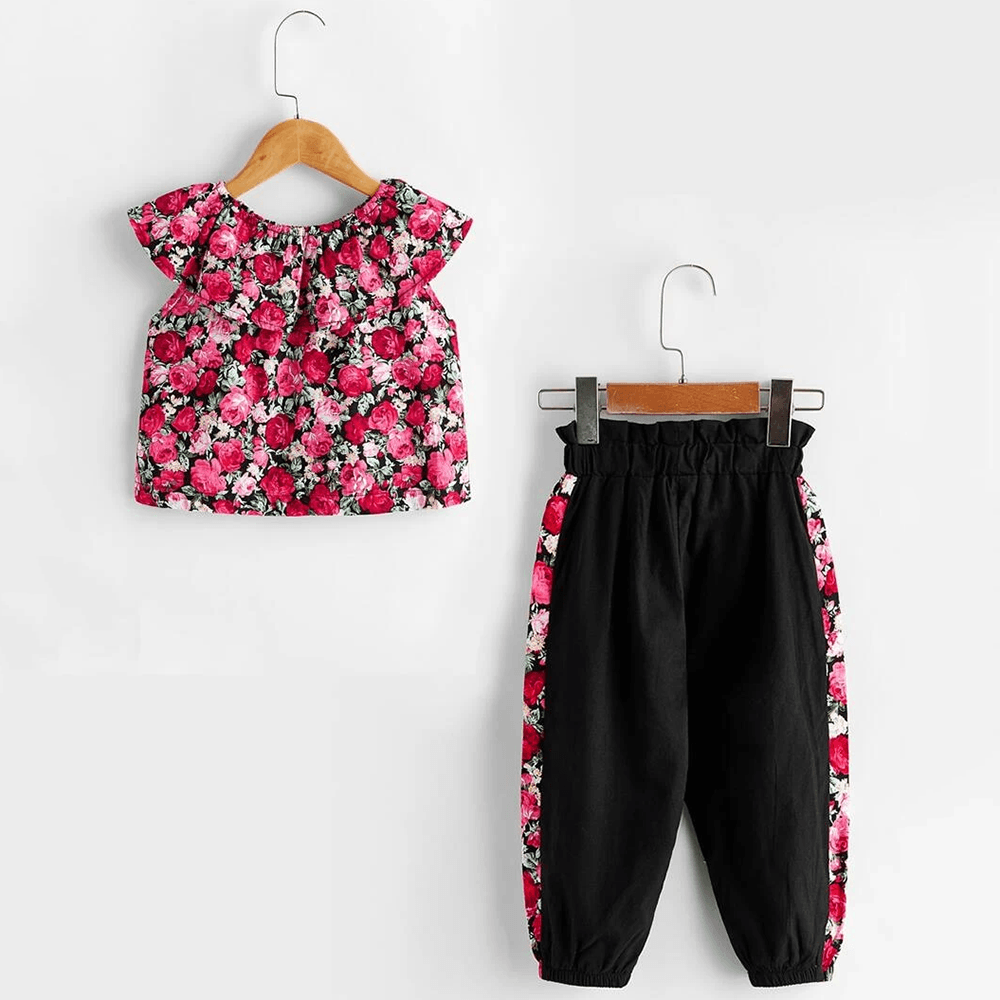 Girls Sleeveless Rose Flower Printed Lotus Leaf Collar Top & Pants Wholesale Girl clothes - PrettyKid