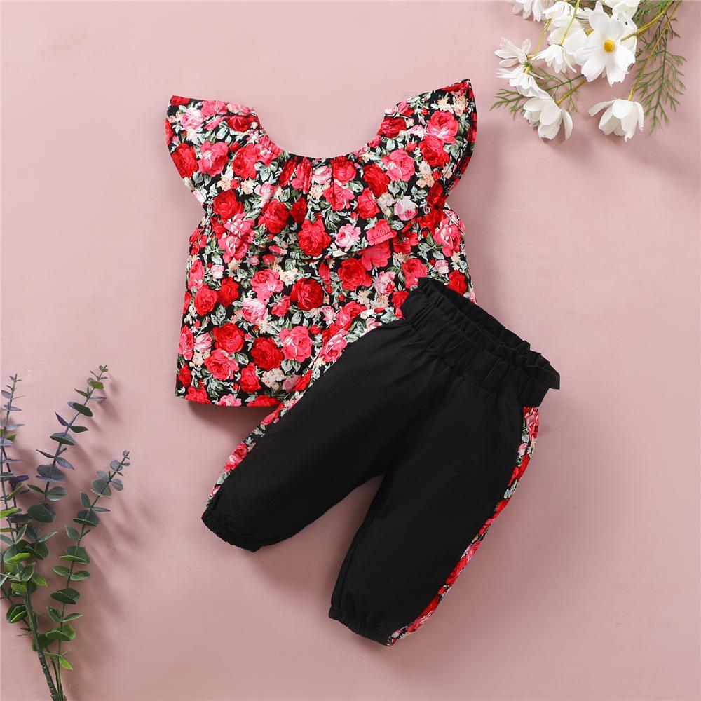 Girls Sleeveless Rose Flower Printed Lotus Leaf Collar Top & Pants Wholesale Girl clothes - PrettyKid