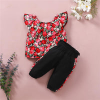 Girls Sleeveless Rose Flower Printed Lotus Leaf Collar Top & Pants Wholesale Girl clothes - PrettyKid