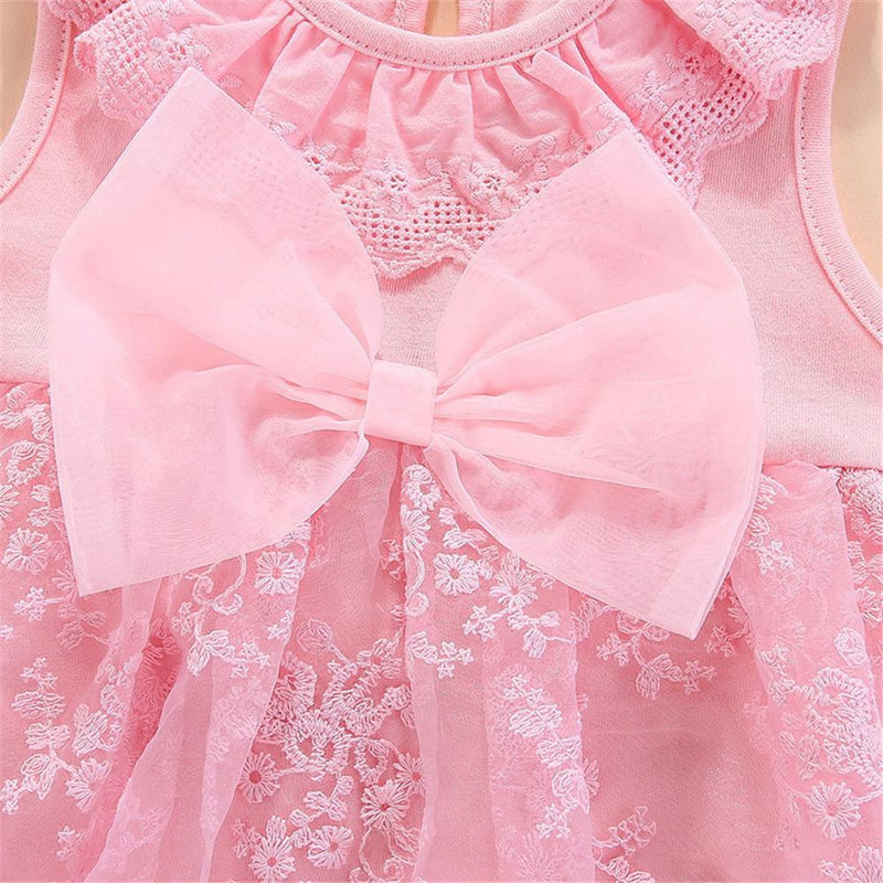 Baby Girls Sleeveless Solid Color Bow Decor Mesh Dress & Headband Baby Wholesales - PrettyKid