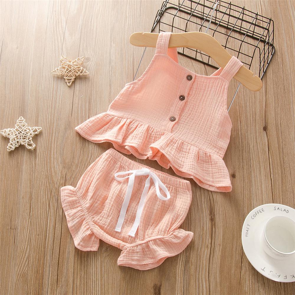 Girls Sleeveless Solid Color Button Cotton Top & Shorts Girls Clothing Wholesale - PrettyKid