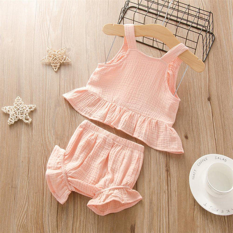 Girls Sleeveless Solid Color Button Cotton Top & Shorts Girls Clothing Wholesale - PrettyKid