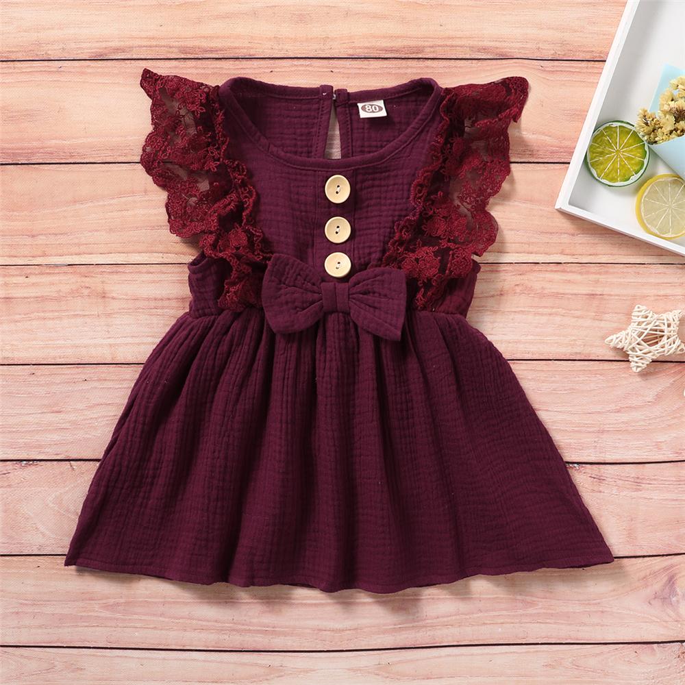 Girls Sleeveless Solid Color Lace Button Bow Decor Dress Girl Wholesale - PrettyKid