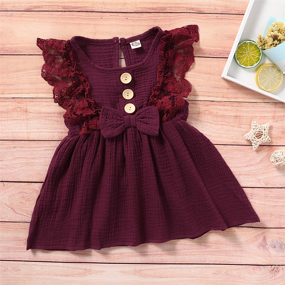 Girls Sleeveless Solid Color Lace Button Bow Decor Dress Girl Wholesale - PrettyKid