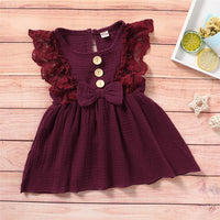Girls Sleeveless Solid Color Lace Button Bow Decor Dress Girl Wholesale - PrettyKid