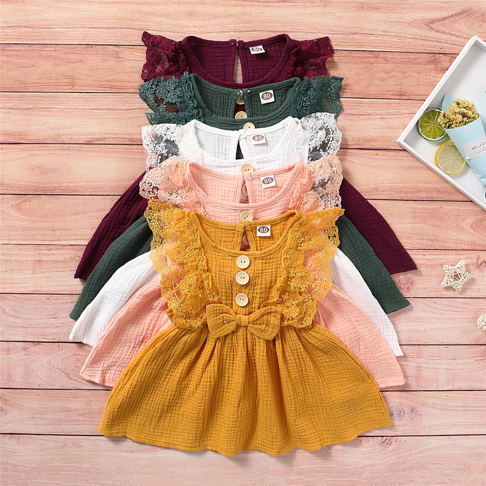 Girls Sleeveless Solid Color Lace Button Bow Decor Dress Girl Wholesale - PrettyKid