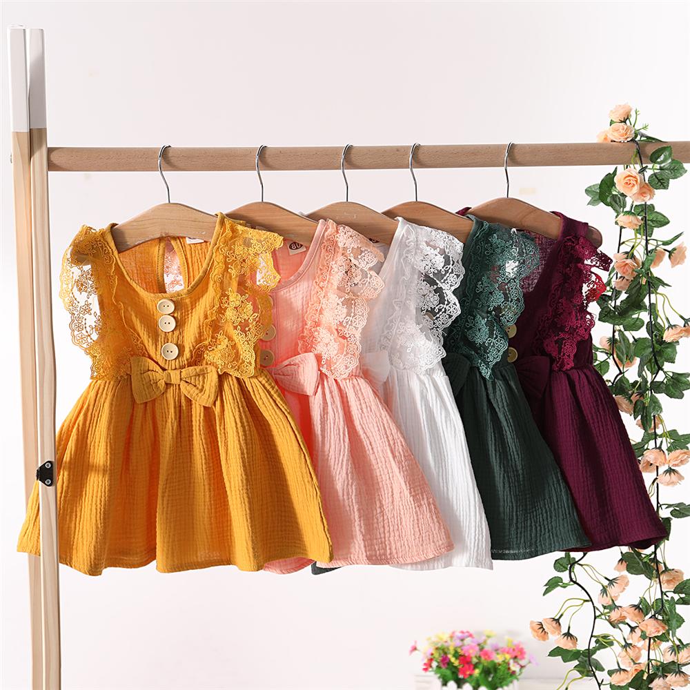 Girls Sleeveless Solid Color Lace Button Bow Decor Dress Girl Wholesale - PrettyKid