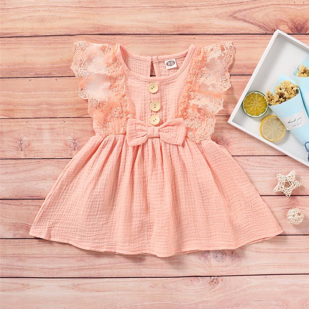 Girls Sleeveless Solid Color Lace Button Bow Decor Dress Girl Wholesale - PrettyKid