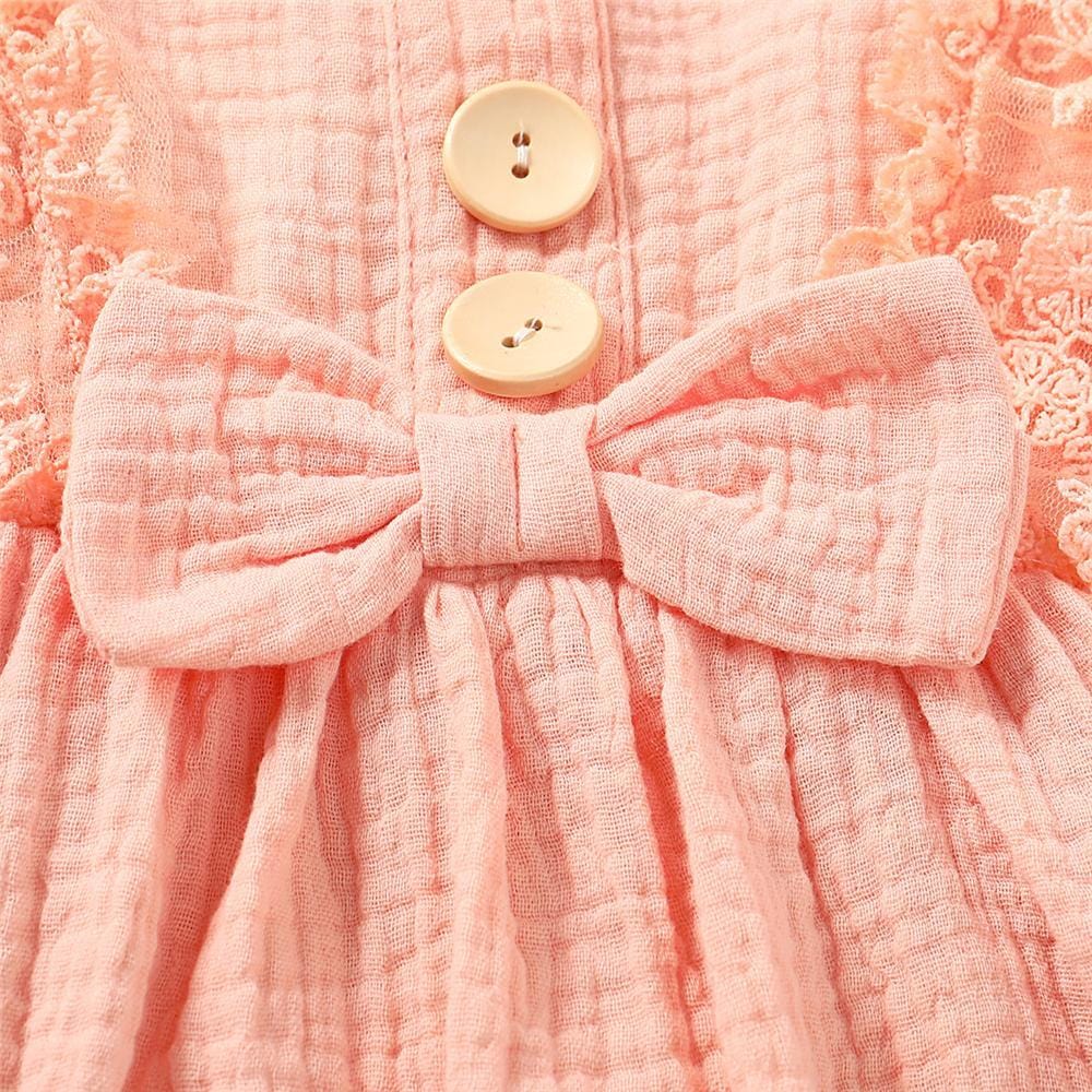 Girls Sleeveless Solid Color Lace Button Bow Decor Dress Girl Wholesale - PrettyKid