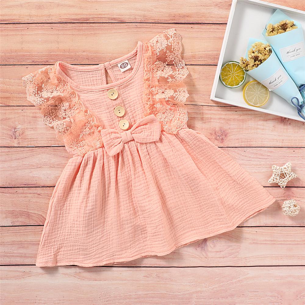 Girls Sleeveless Solid Color Lace Button Bow Decor Dress Girl Wholesale - PrettyKid